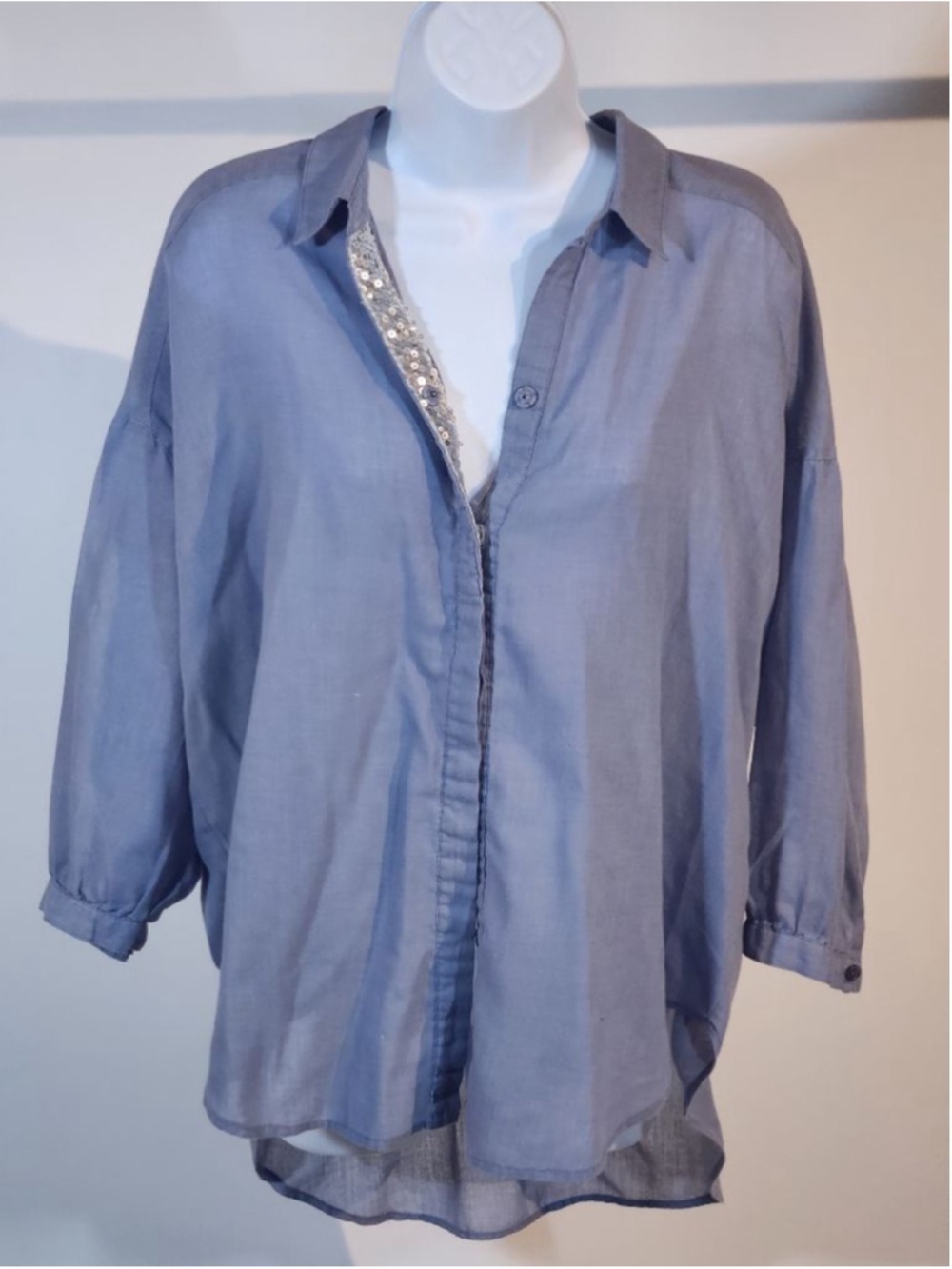 First Generation Women’s Medium Blue Sequin Collar Cotton Blend Shirt Oversized